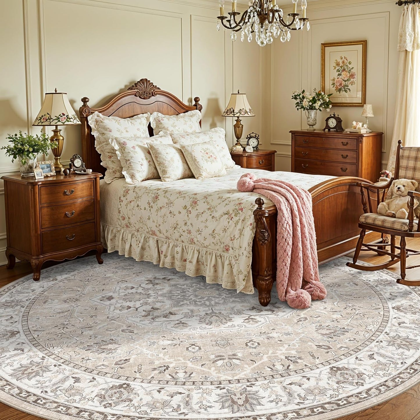Skiennix Washable 8ft Round Area Rug - Soft, Non-Slip, Stain-Resistant Carpet for Living Room | Beige