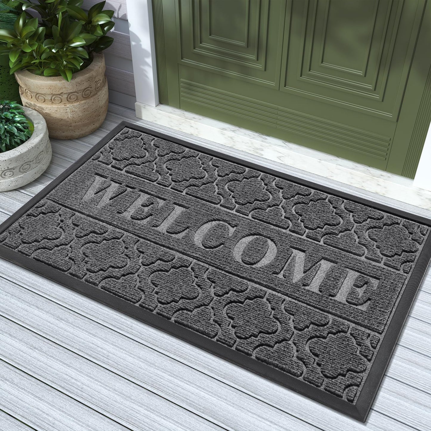 Yimobra Welcome Mat Outdoor Indoor, 47x32 All-Season Waterproof, All-Weather Heavy Duty Doormat, Low Profile Porch Patio Entrance Mat, Sturdy Natural Rubber, Dark Grey
