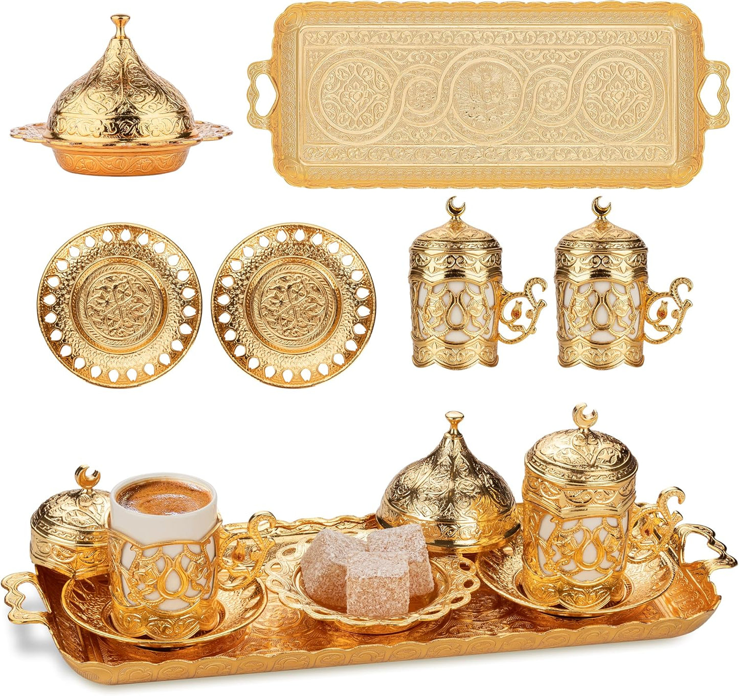 Alisveristime Ottoman Turkish Greek Arabic Espresso Coffee Cups with Saucer and Lid (Set of 2) (Hilal) (Silver)