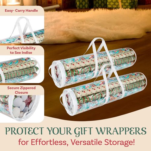 Elf Stor Wrapping Paper Storage Bags - Clear Totes with Handles for 30-Inch Rolls | Set of 2