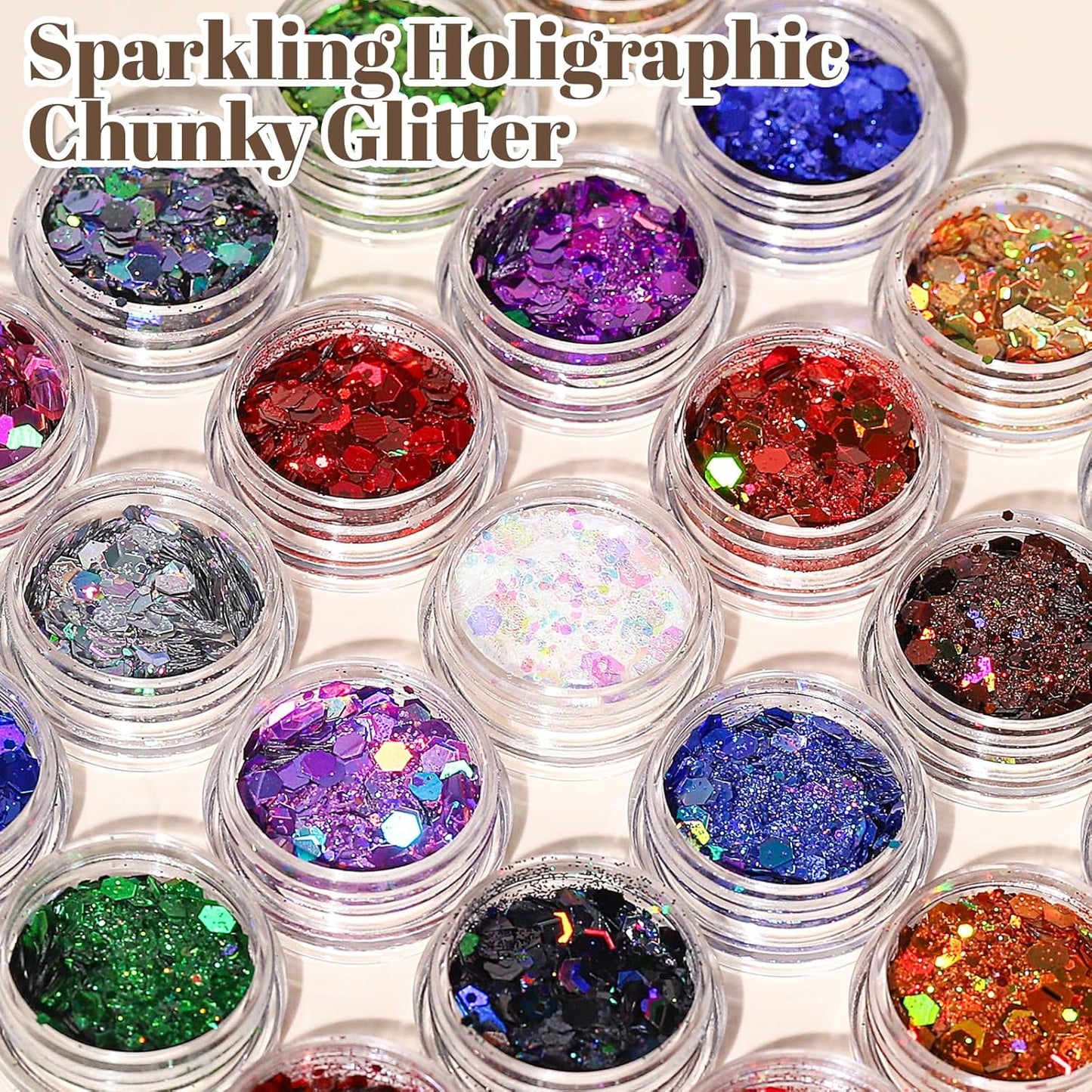 LEOBRO Holographic Chunky Glitter - 24 Jars for Crafts, Makeup, Nail Art & Party Decor