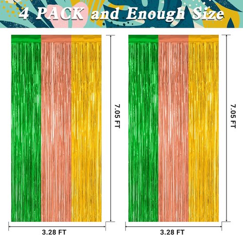 Hawaiian Party Decorations - 4 Pack Tinsel Backdrop | 3.28 FT x 7.05 FT Green, Brown, Yellow Foil Curtains