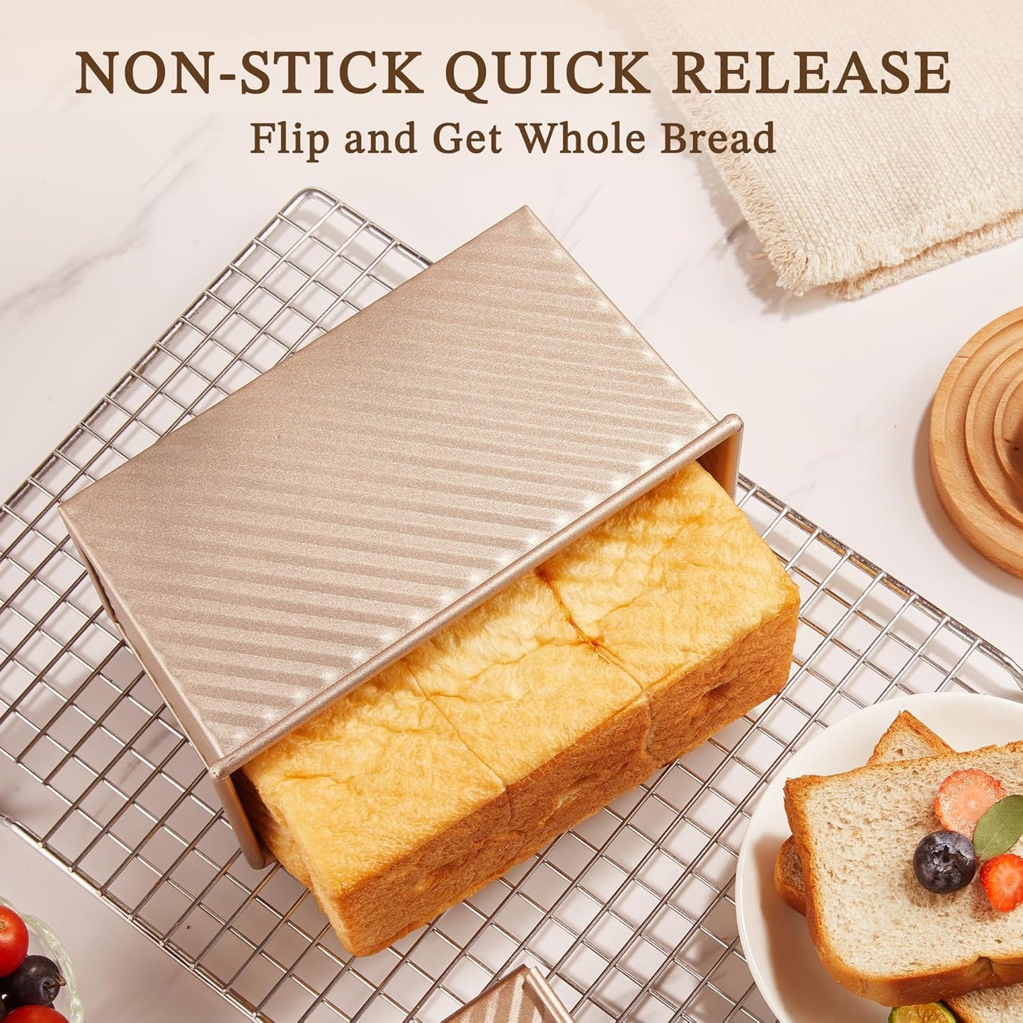 KITESSENSU Pullman Loaf Pan - Non-Stick Bakeware with Lid, 1 lb Capacity, Gold Carbon Steel Mold