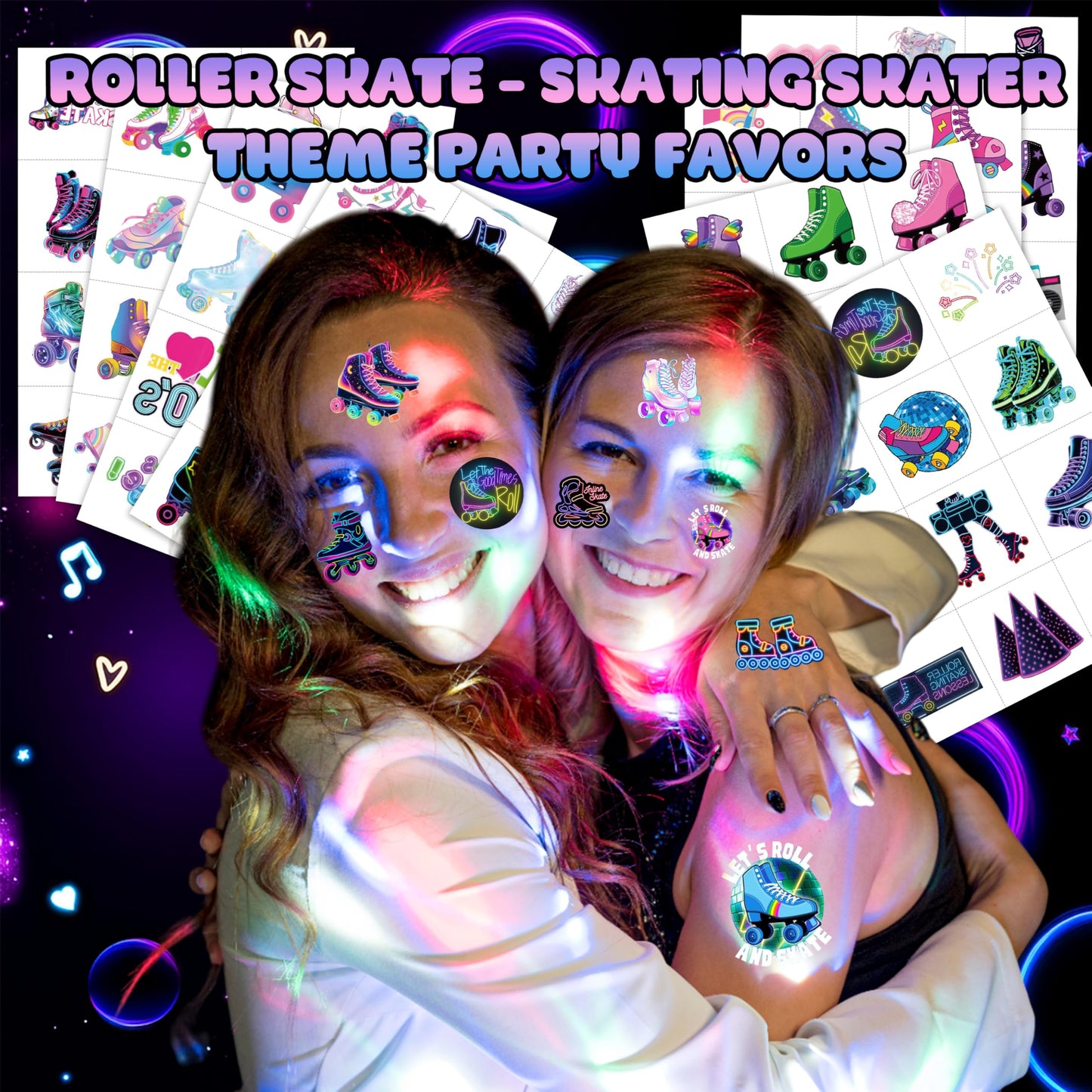 Neon Roller Skate Temporary Tattoos - 8 Sheets (96PCS) 80s 90s Theme Birthday Party Decorations Supplies Favors Stickers for Kids Girls Boys Gifts Classroom School Prizes Rewards