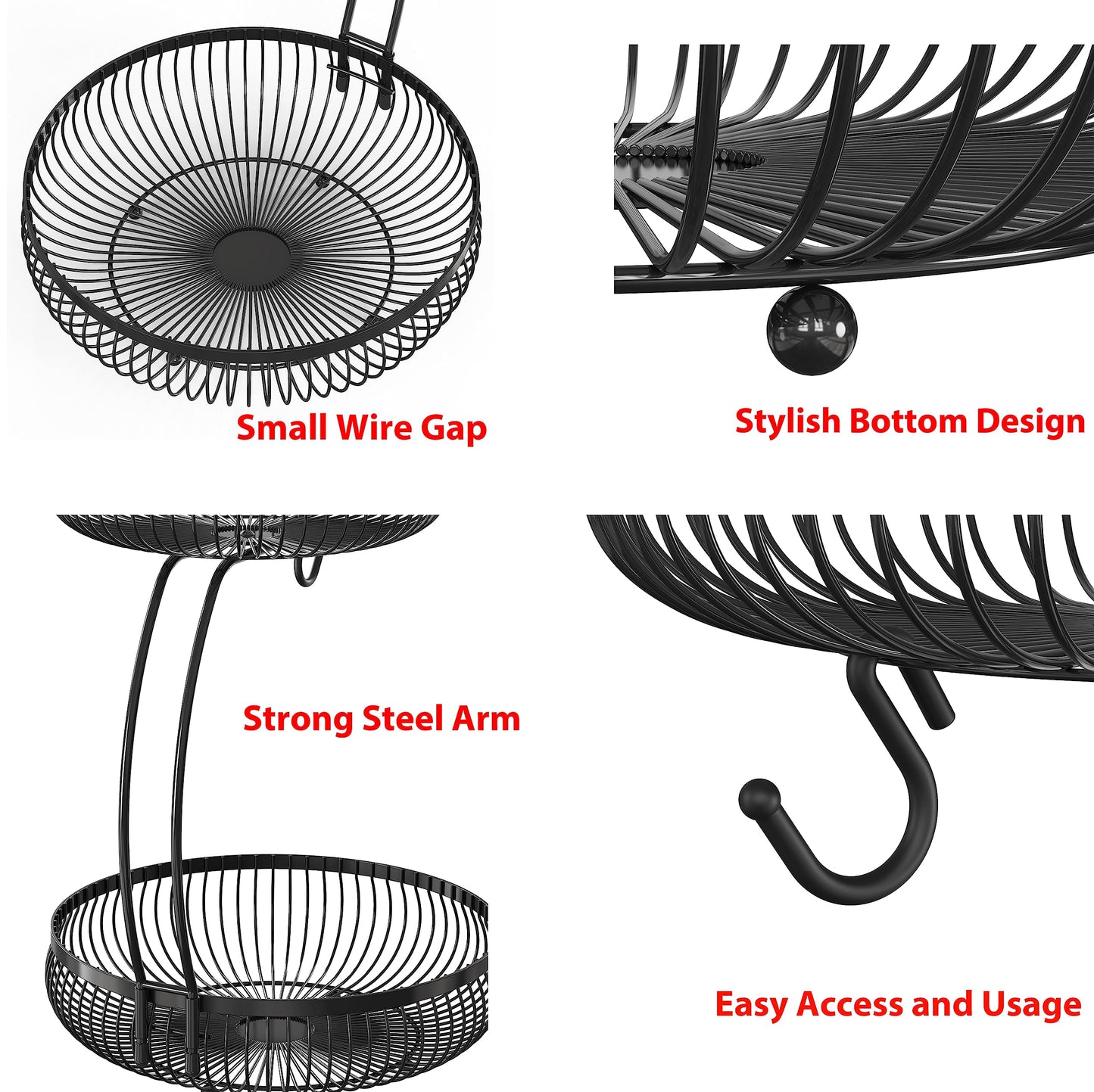 Simple Houseware 2-Tier Countertop Fruit Basket with Banana Hanger, Black