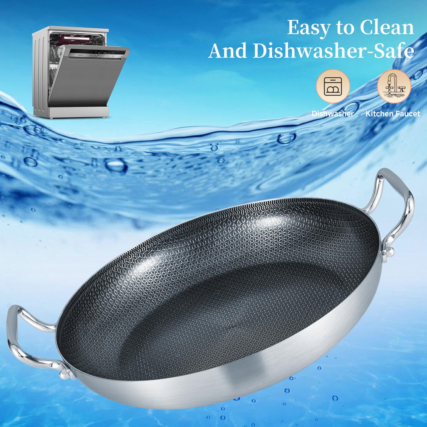 Inqibee 13-Inch Hybrid Tri-Ply Stainless Steel Paella Pan with Lid, Ceramic Non Stick Large Skillet, Induction Cooking Pan, Anti-Scratch, Dishwasher and Oven Safe