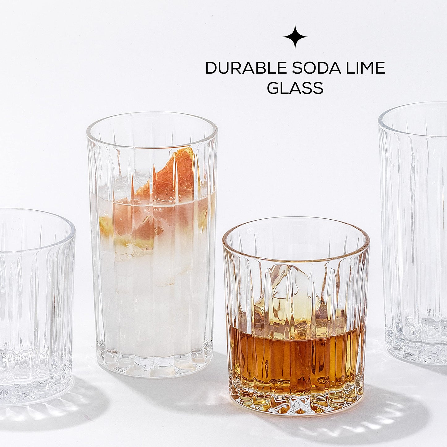 JoyJolt Drinking Glasses Set of 8, Alina Ribbed Glassware. 12oz Rocks Glass and 14oz Highball Glass set. Cocktail Glasses, Iced Coffee Cup or Water cups. Heavy Base Glassware Set