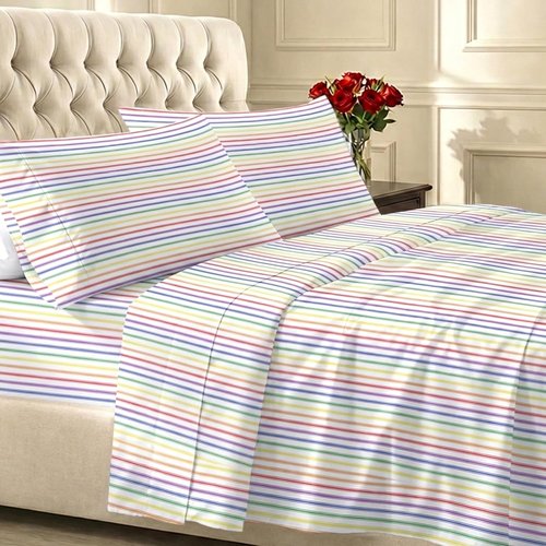 California Design Den Full Cotton Sheet Set - 100% Soft Sateen, 400 TC, Deep Pockets, Rainbow Stripe