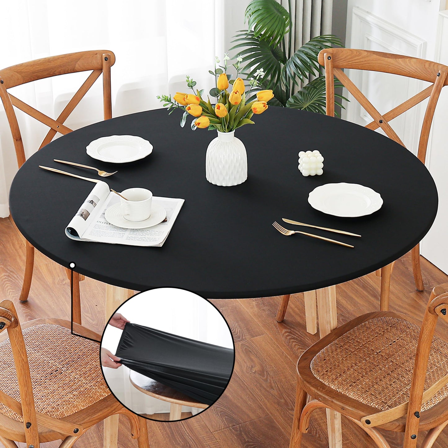 Limalred Fitted Spandex Round Tablecloth, Soft Skin Friendly Non Pilling Breathable Fabric Table Cover with Elastic Band for Dining Gathering Party Banquet Decoration 48 Inch Black