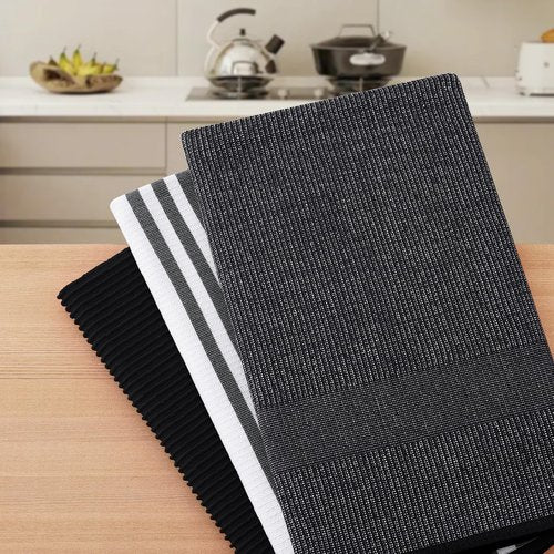 Homaxy Premium Kitchen Towels(18”x 28”, 6 Pack), Large Cotton 380 GSM Kitchen Hand Towels, Soft and Absorbent Terry Dish Towels, Multipurpose Tea Towel Set with Hanging Loop, Black