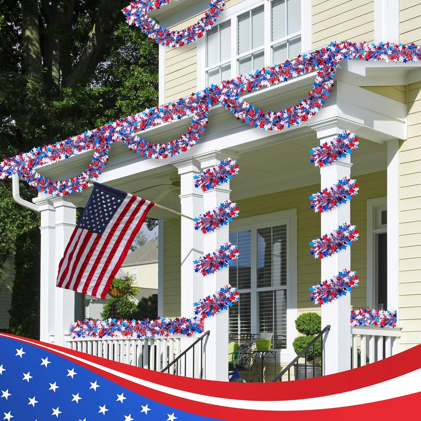 Regine Switzerland Patriotic Glitter Tinsel Garland - 52.5Ft Red, White & Blue Metallic Twist for 4th of July Decor