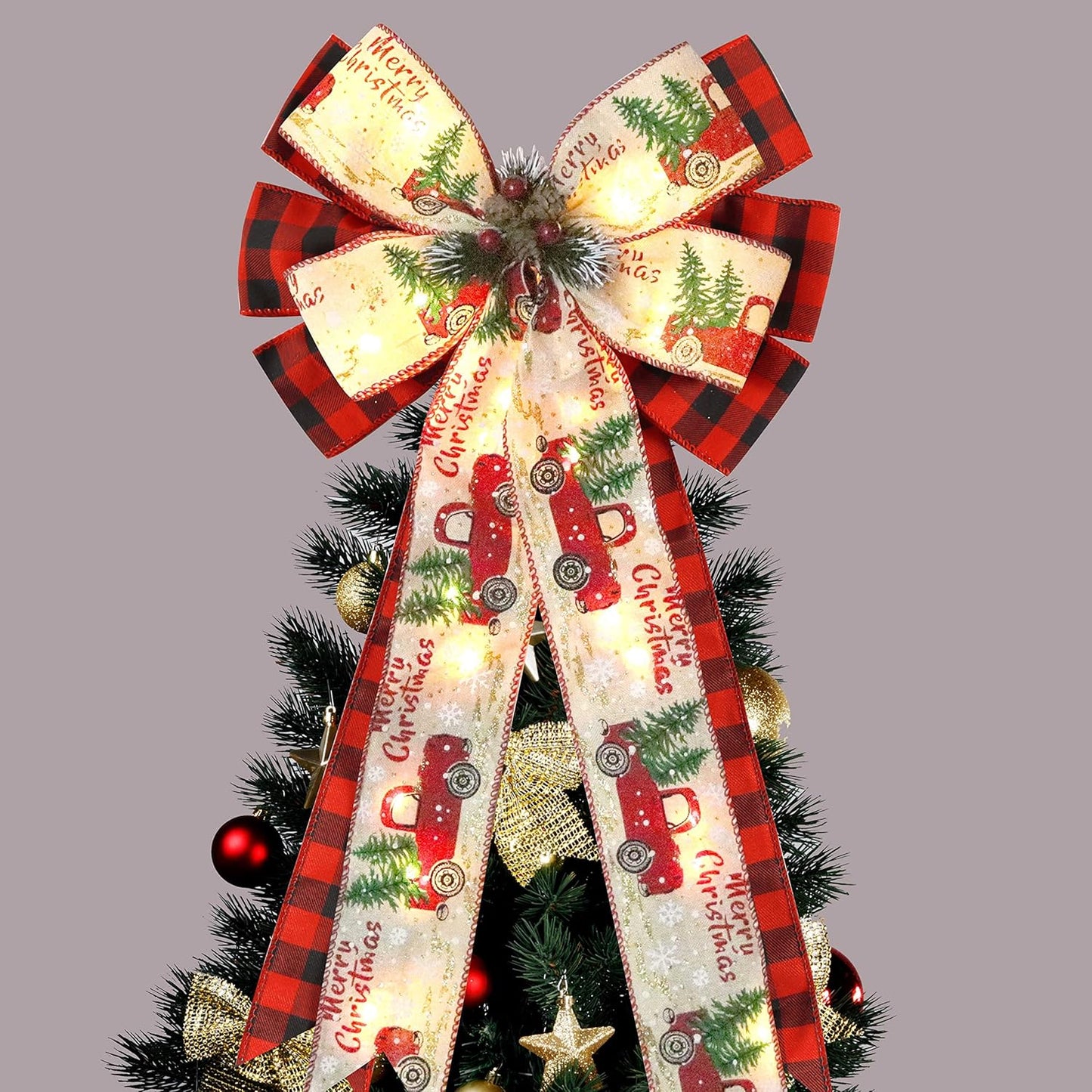 Skiennix Christmas Tree Topper Bow - 30 LED Lights & Rustic Buffalo Plaid Design | 13”x25” Red & Black Wreath Decor