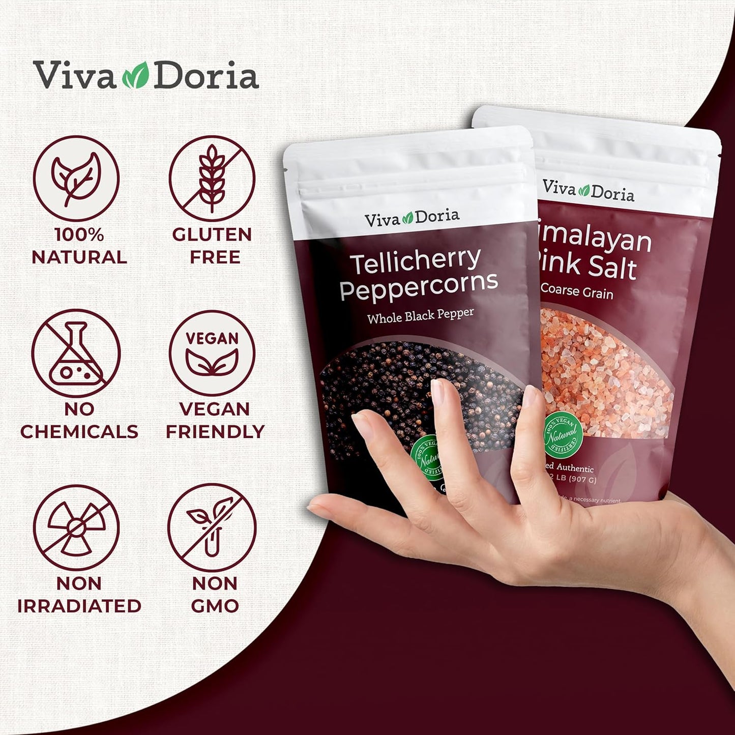 Viva Doria Tellicherry Whole Black Peppercorns & Himalayan Pink Salt - Coarse Grain, 2 lb | Perfect Grinder Refill Set