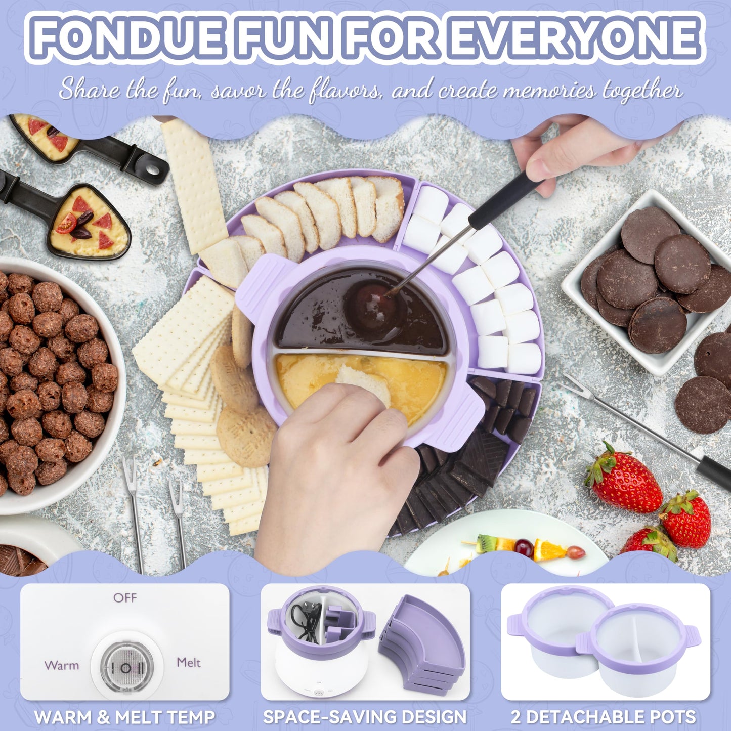 Party Desserts Electric Fondue Pot Set with 2 Pots, Candy & Chocolate Melting Pot, Melting Chocolate Warmer for Dipping, Fondue Pot Electric Set, Fondue Forks Included, 2.5 Cups, Lavender