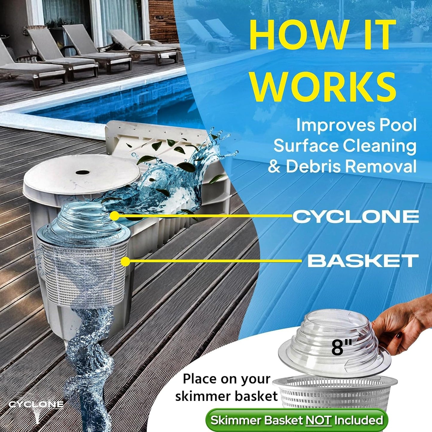 Skimmie Cyclone Pool Skimmer | Turbocharged Water Flow & Enhanced Surface Cleaning | 8" Funnel Design