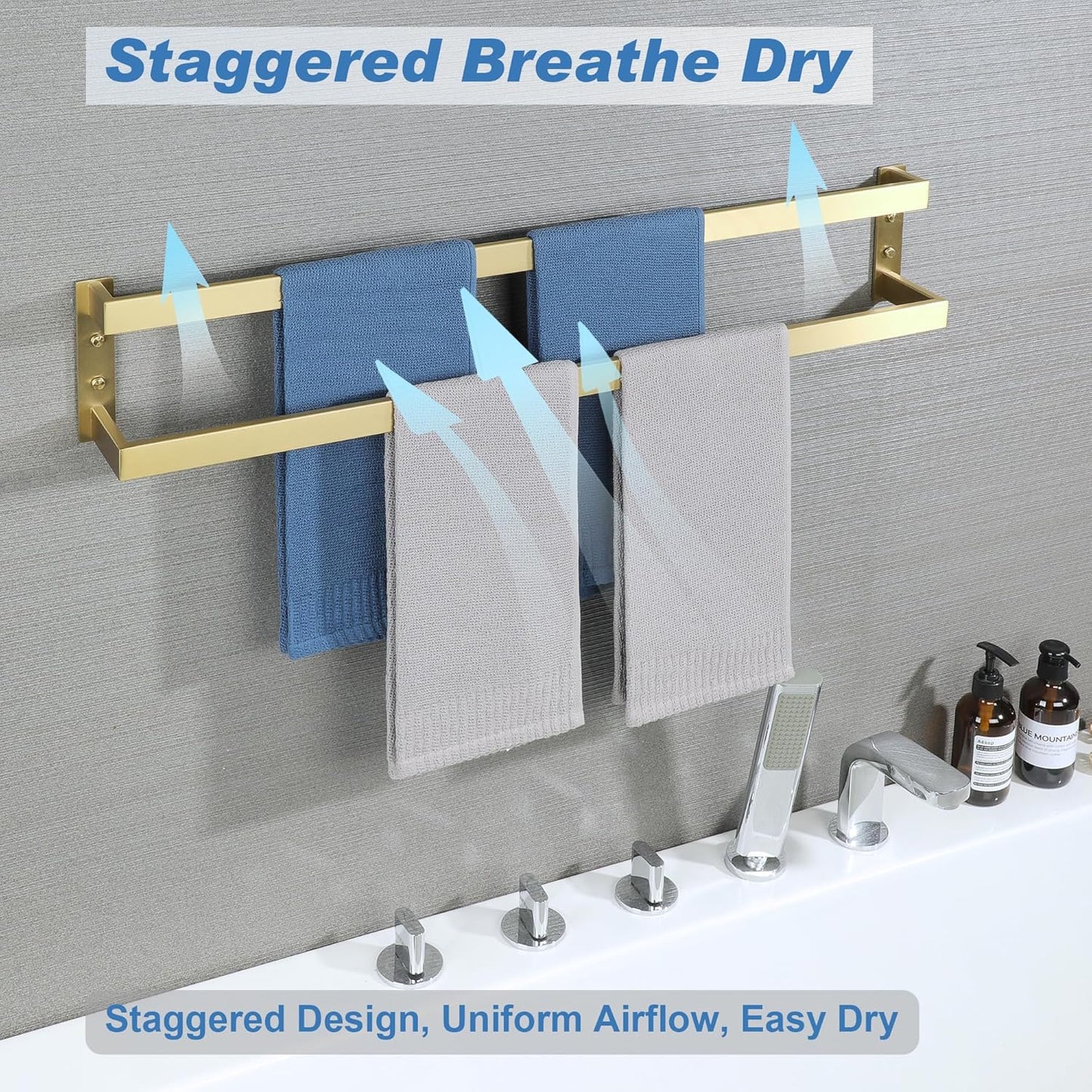 Alise Double Towel Bar 32", SUS304 Stainless Steel Towel Racks for Bathroom Wall Mounted, Space Saving Bathroom Towel Holder, Long Towel Hanger, Brushed Gold