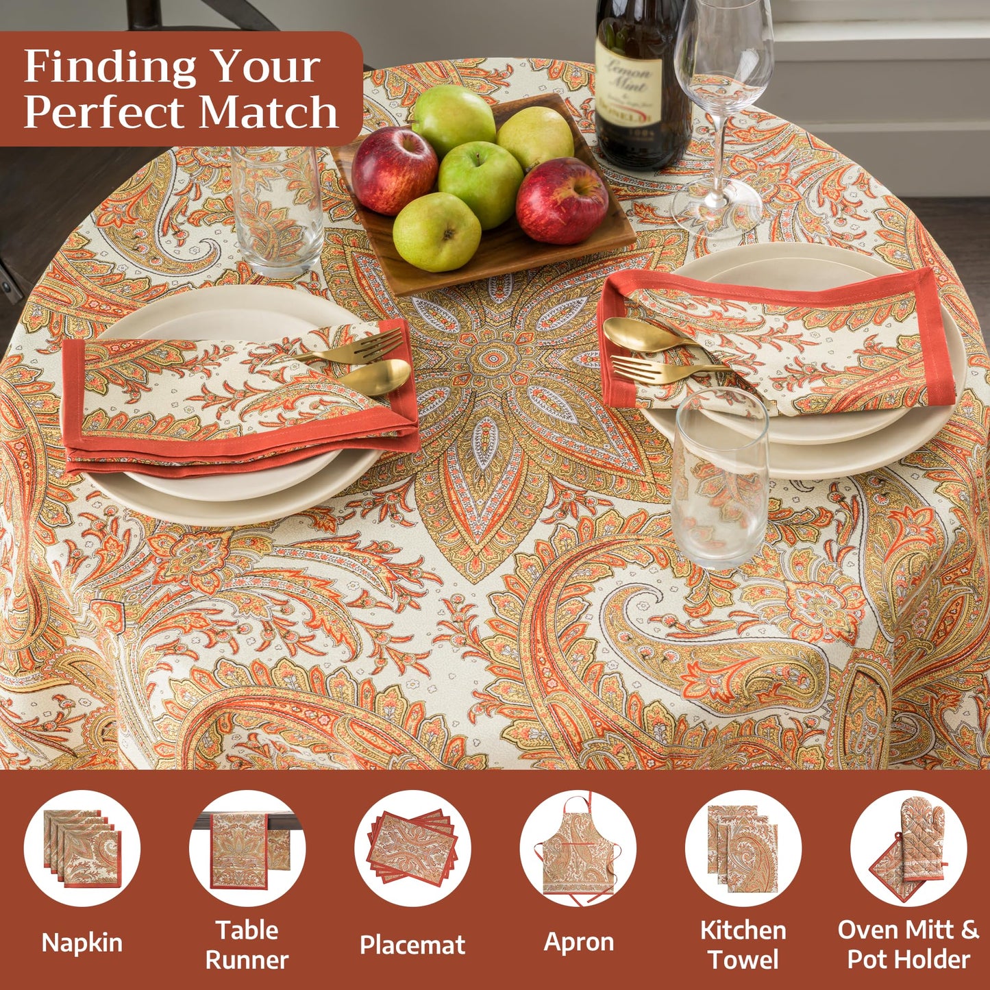 Maison d' Hermine Table Cloth Round Table 100% Cotton 63 Inches Fall Tablecloth Reusable Everyday Use for Thanksgiving Christmas Decorations Dining Farmhouse Party (Kashmir Paisley)