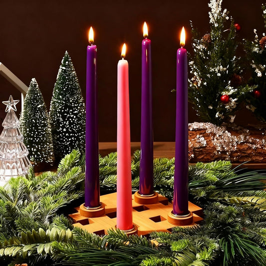 Mumufy Advent Candle Holder Set - 5 Pcs Snowflake Wooden Centerpiece with Purple & Pink Taper Candles