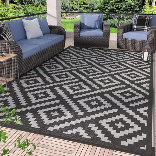 GENIMO Outdoor Rug - Waterproof Reversible Mat for Patio | 6'x9' Black & Gray Design