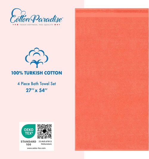 Cotton Paradise 4 Piece Turkish Bath Towels - Extra Large Soft Plush Set in Coral