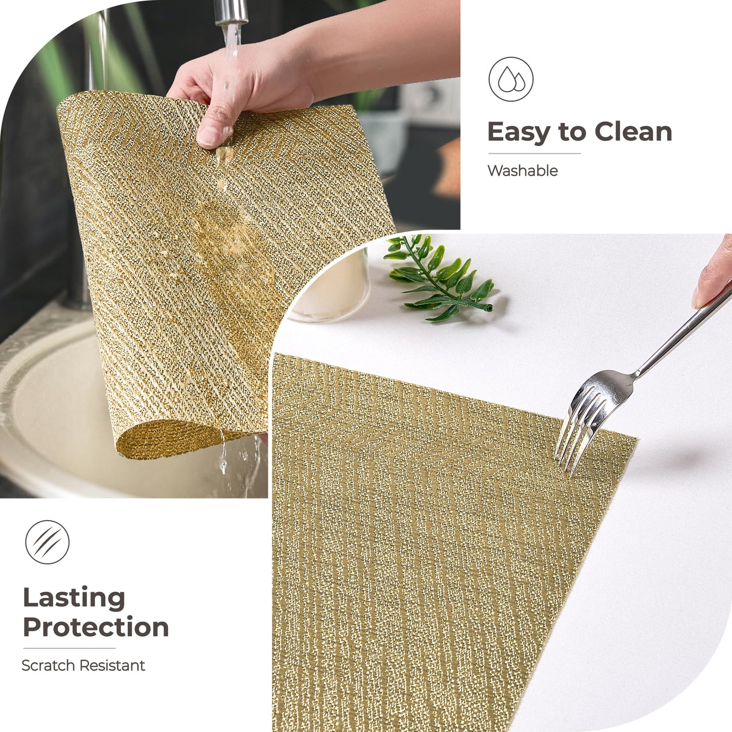 Leetaltree Gold Placemats Set of 4 - Heat Resistant Non-Slip Place mats for Dining Table, Washable Durable PVC Vinyl Woven Table Mats(Luxury Gold, 4)
