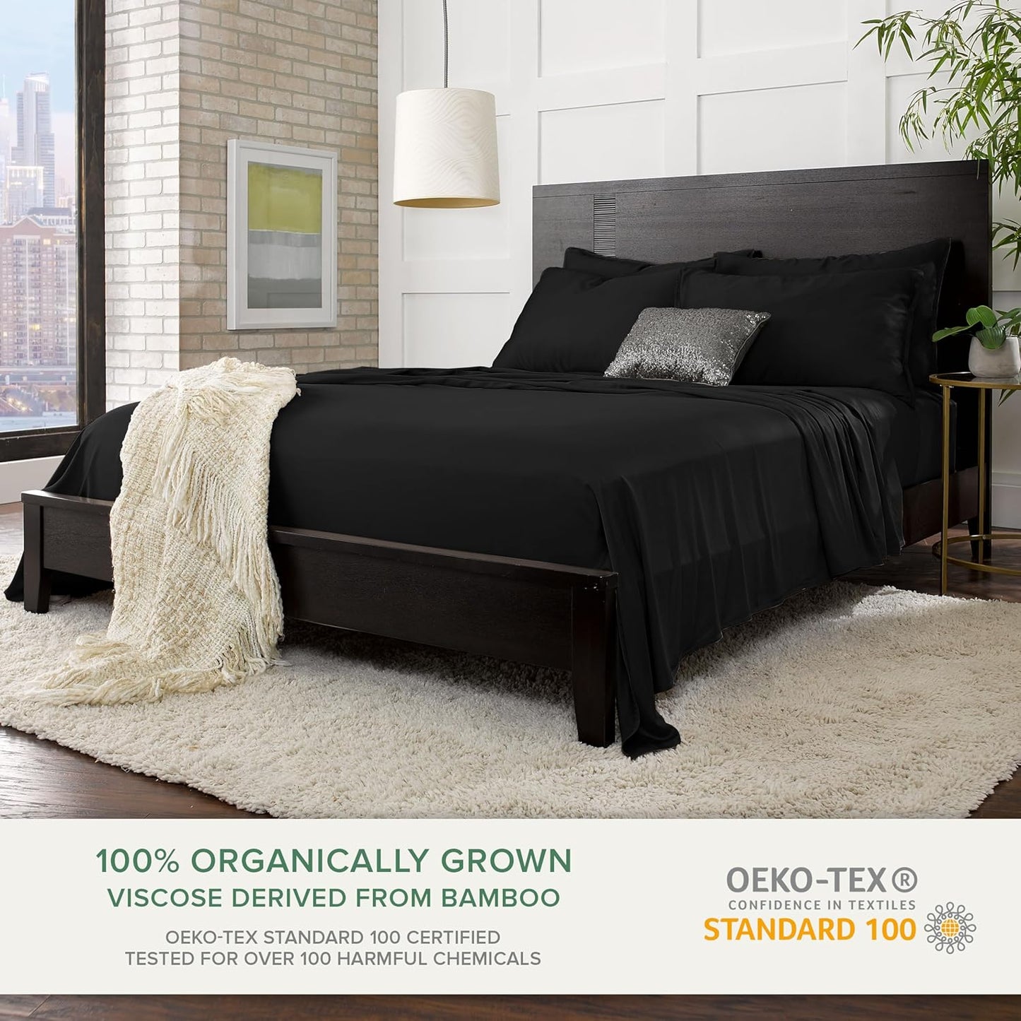 Pure Bamboo Split King Sheets - 100% Organic Viscose Bed Sheet Set, Soft & Cooling, Black