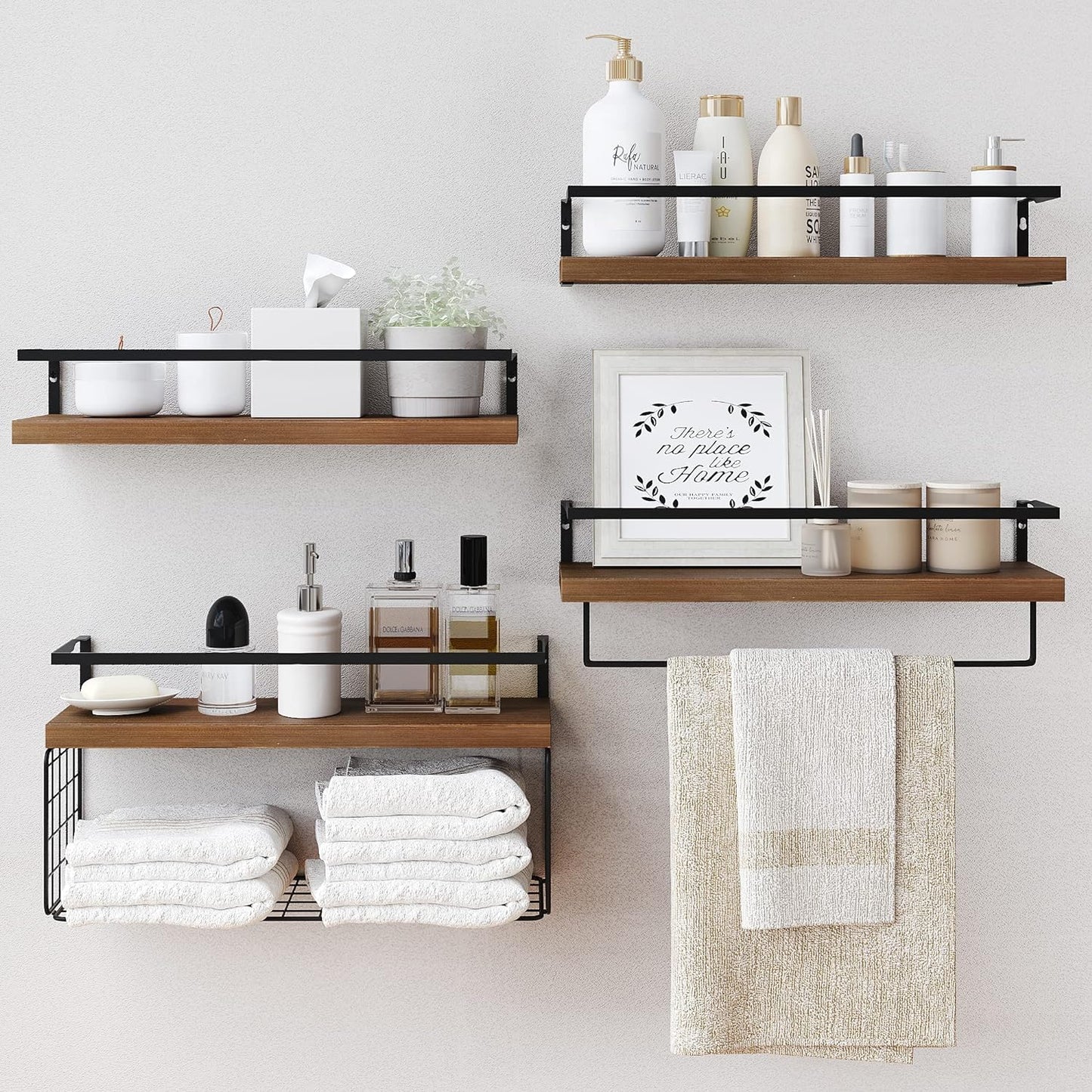 Wood Floating Shelves - Rustic 4-Tier Wall-Mounted Bathroom Shelves with Wire Basket & Towel Bar