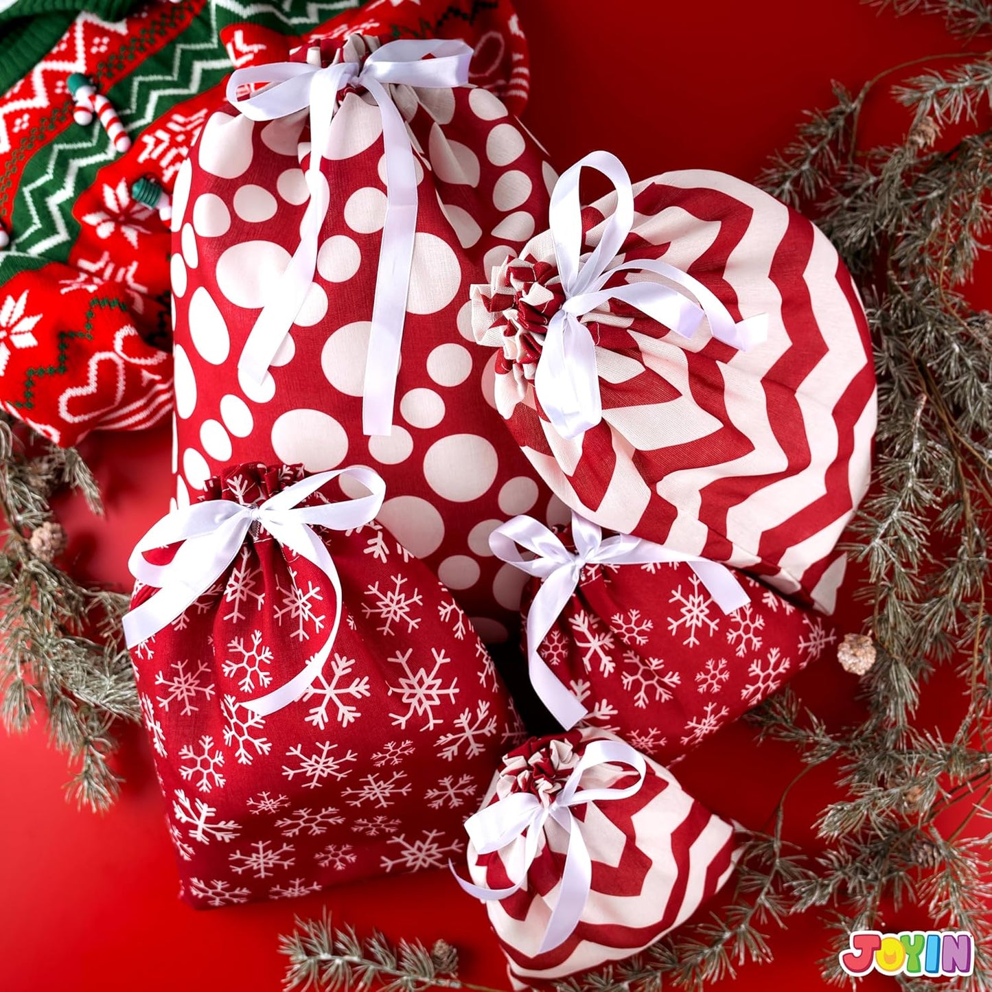 JOYIN 6-Piece Fabric Gift Bags - Elegant Red Design for All Seasons | Perfect for Holiday Present Giving