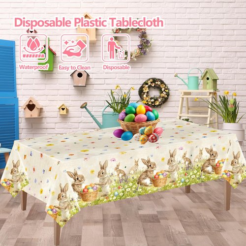 FUULOXE 4 Pcs Easter Plastic Tablecloth,54 x 108 Inch Disposable Religious Cross and Bunny Rectangle Table Cover for Indoor Outdoor Spring Easter Party Decorations