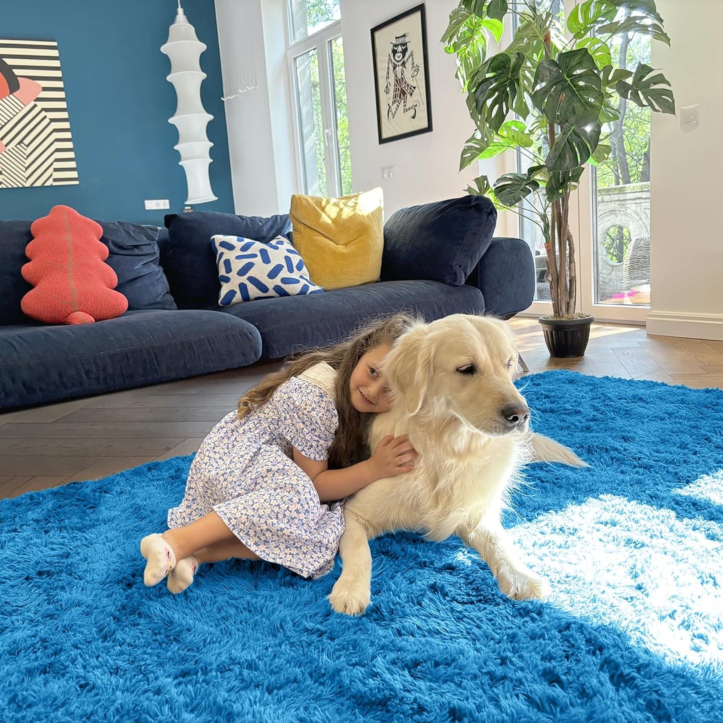 OLANLY Small Bedside Rug - Soft Fluffy Shaggy Indoor Carpet for Bedroom & Living Room | Bright Blue