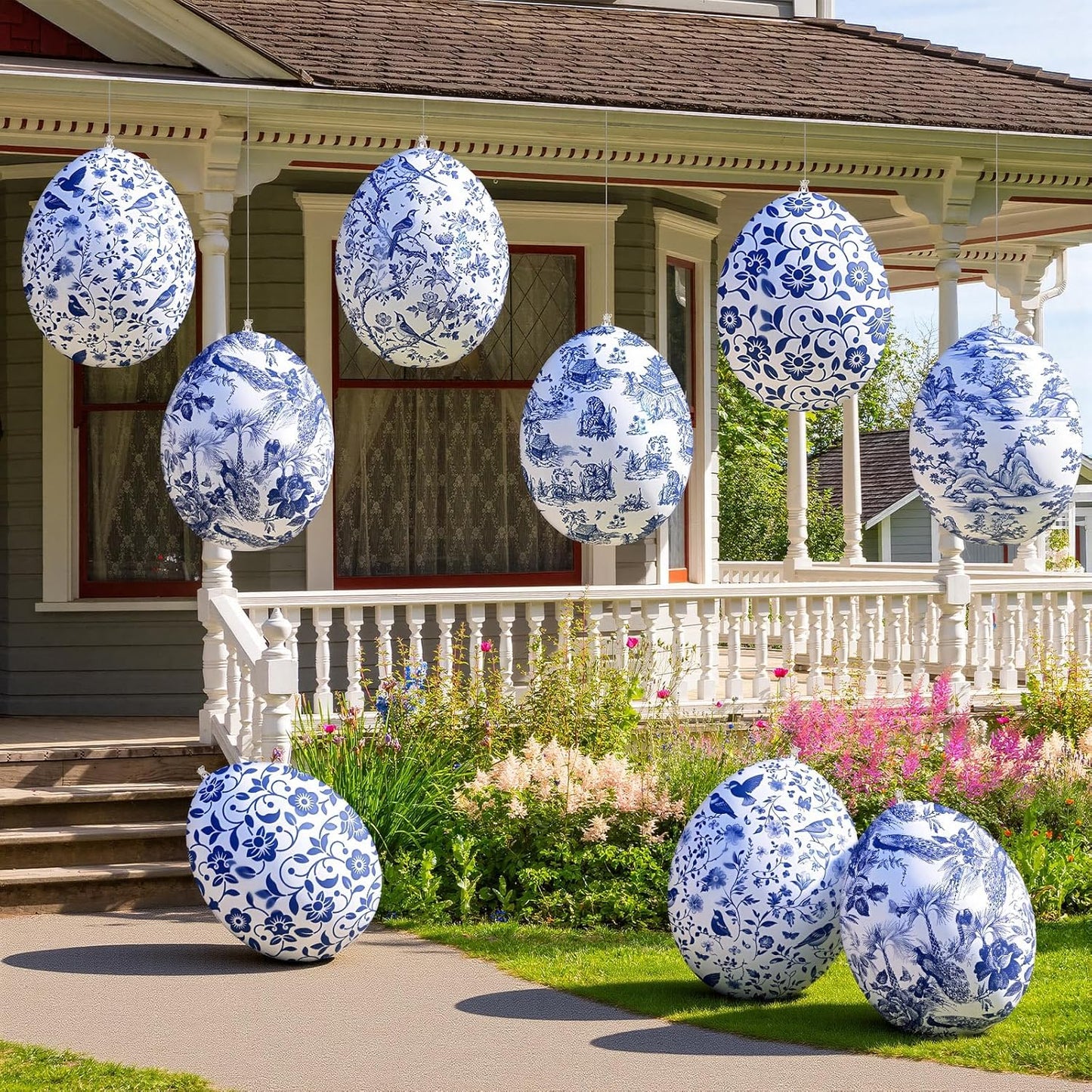 Realspring Inflatable Easter Eggs - 12 Pcs Blue & White Chinoiserie Decor | Large Outdoor Ornaments