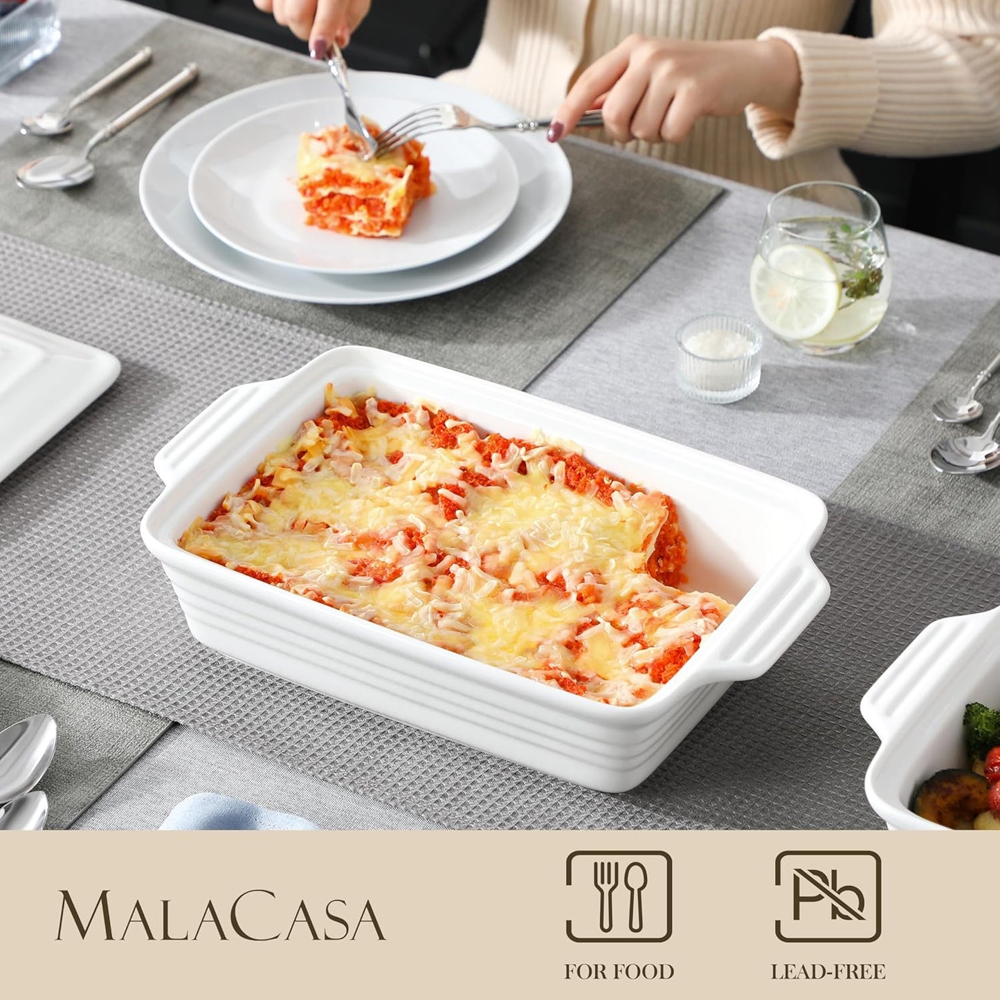 MALACASA Casserole Dish - 4.4 Qt Porcelain Baking Dish with Lid & Handles | Microwave Safe, White