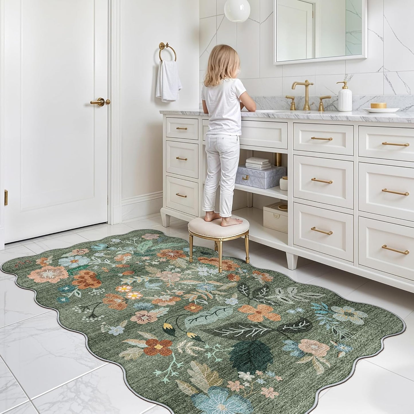 Skiennix Washable 3x5 Entryway Area Rug - Ultra Soft Low Pile Carpet with Non-Slip Backing | Floral Green Design