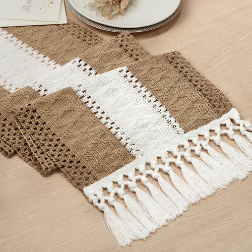 FEXIA Boho Table Runner for Home Decor with Tassels 72 Inches Long Farmhouse Rustic Brown Macrame Burlap Table Decoration for Living Room Bridal Shower (12x72 Inches)