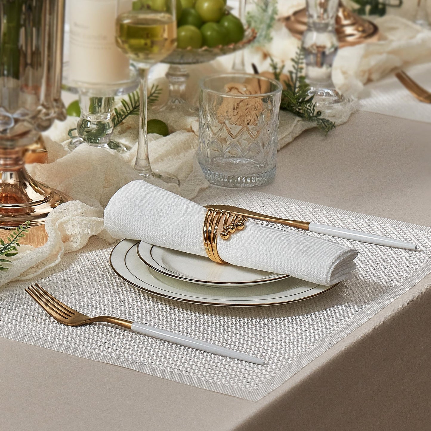 Leetaltree Sparkling Translucent White Sequin Woven Vinyl Placemats, Set of 6 - Waterproof & Washable Dining Table Mats for Wedding, Anniversary, Daily Use, Hand-Cut