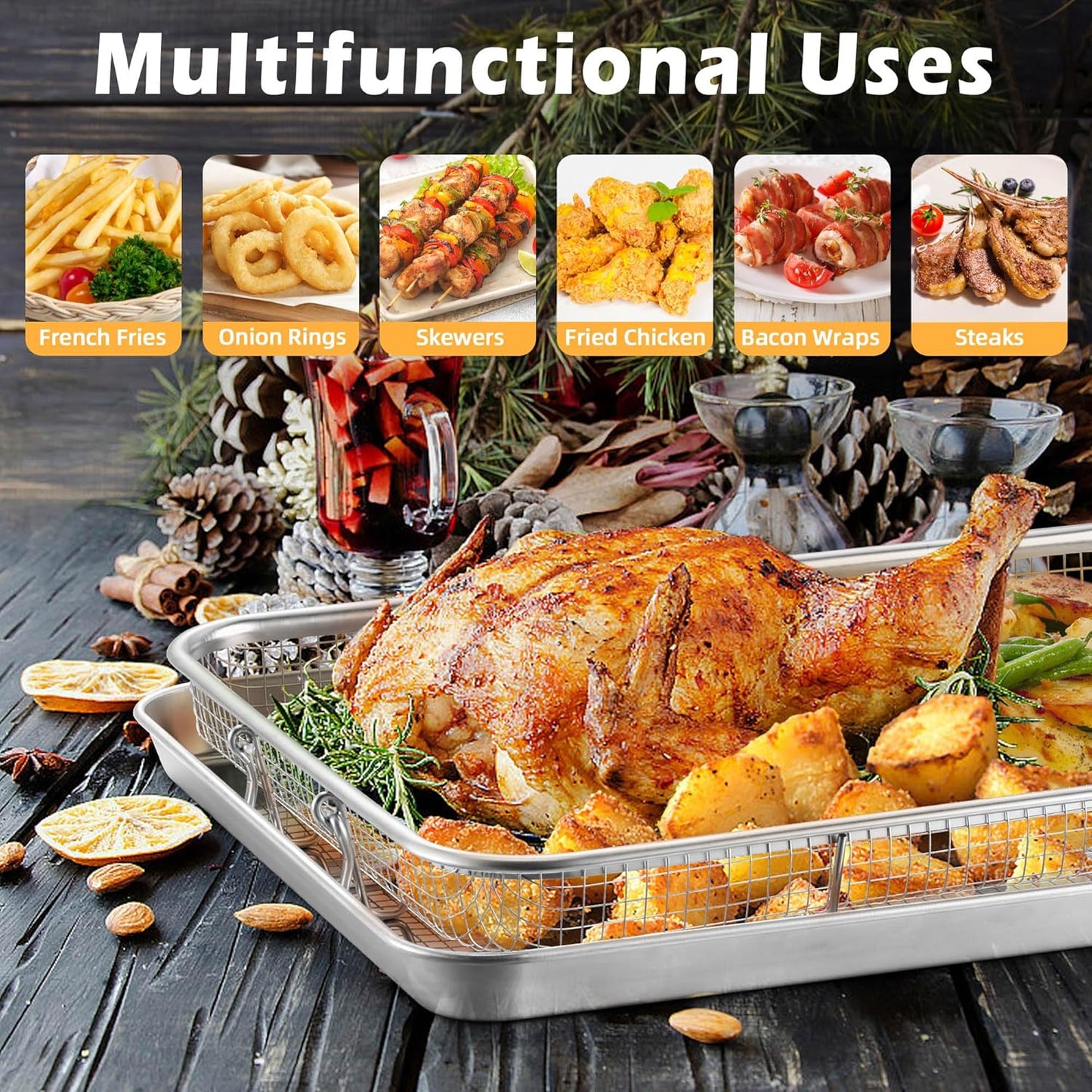 TeamFar Air Fryer Basket Set - Stainless Steel Oven Racks with Baking Pan | 16”x12” & 12.5”x9.6”