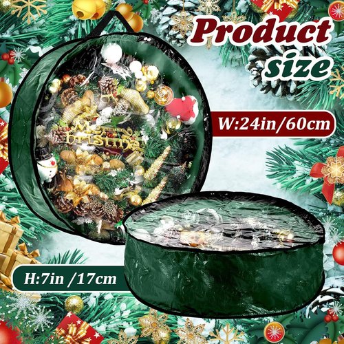 Dunzy Christmas Wreath Storage Bag - 8 Pieces Tear-Resistant Fabric with Clear Window | 24x24x7.8 Inch, Green