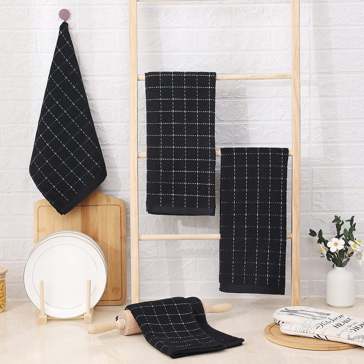 Homaxy 100% Cotton Terry Kitchen Towels(Black, 13 x 28 inches), Checkered Designed, Soft and Super Absorbent Dish Towels, 12 Pack