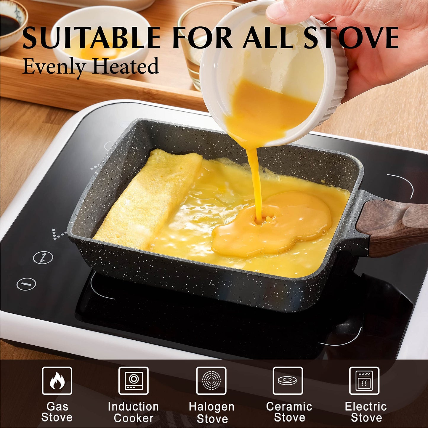 SENSARTE Japanese Omelette Pan, Tamagoyaki Egg Pan, Nonstick Frying Pan with Spatula, Healthy Granite Cookware, PFOS & PFOA Free, 6" x 7" (Grey)