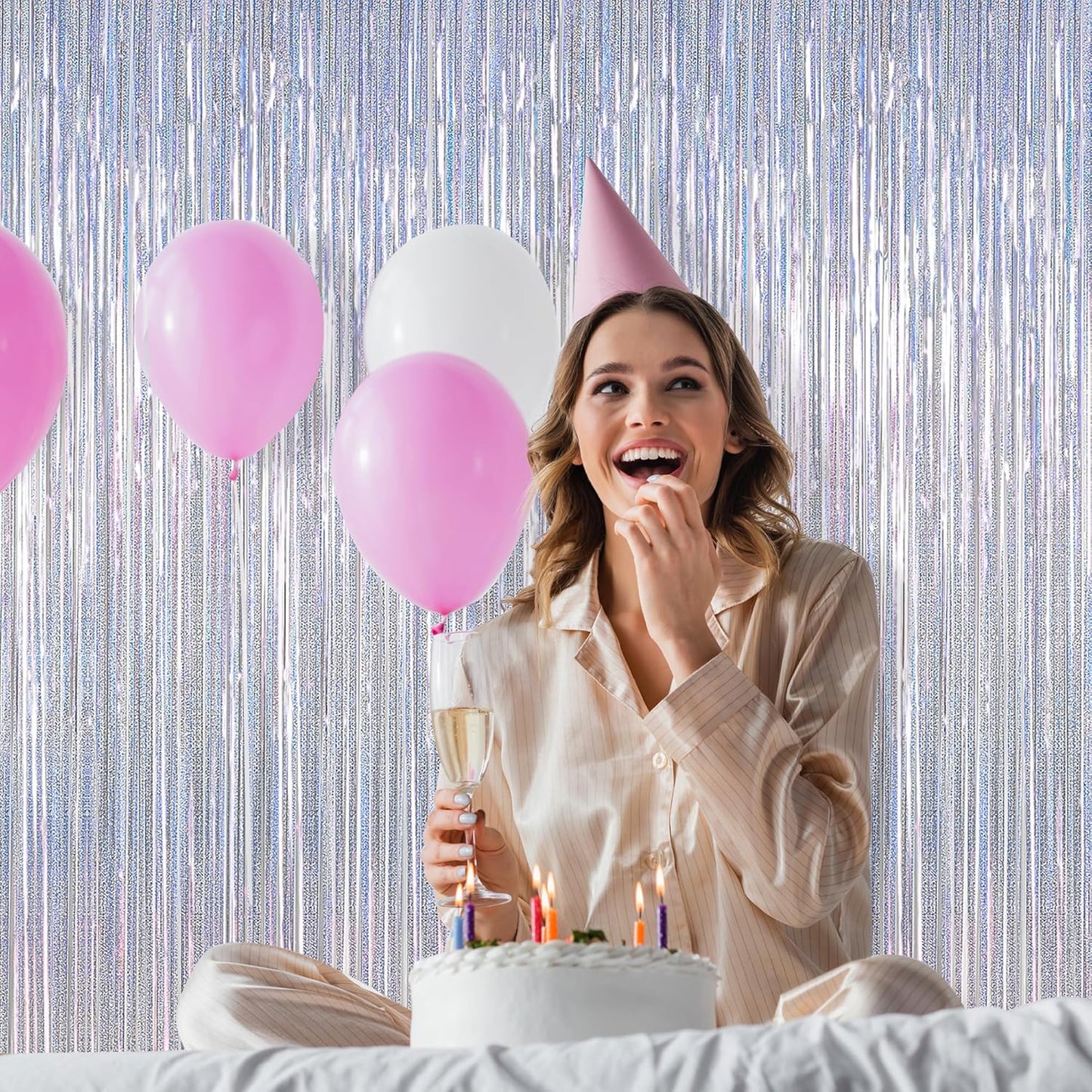 Skiennix Silver Metallic Tinsel Foil Curtains - 2 Pack Glitter Fringe Backdrop | 3.28 FT x 7.05 FT for Parties
