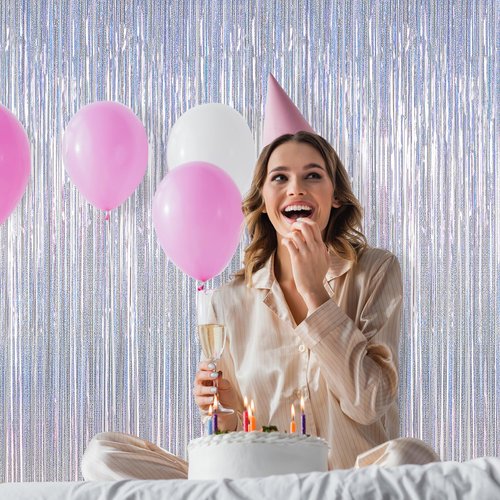 4 Pack NYE Silver Tinsel Foil Curtain, 3.28 FT x 7.05 FT Glitter Silver Tinsel Curtains, Metallic Foil Streamer Disco Fringe Backdrop Party Curtains, Birthday NEW Year Party Supplies Disco Decor
