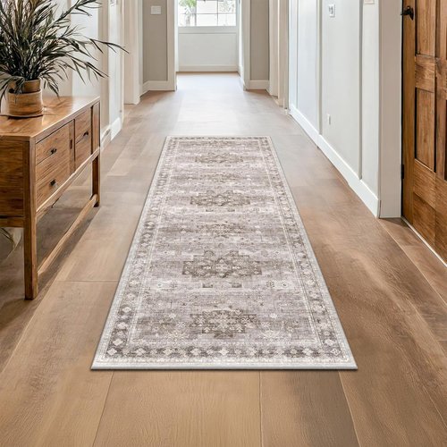 **Regine Switzerland Boho 2x8 Long Runner Rug - Non-Slip Vintage Floral Design in Beige Latte**