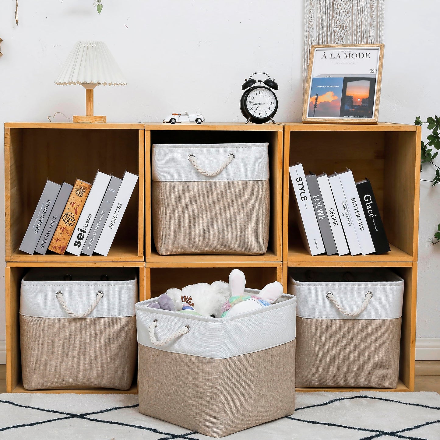 MidmmVick 13 x 13 Inch Cube Storage Bins, 4 Pack Large Collapsible Fabric Storage Bin with Ropes, Foldable Storage Cubes for Home, Office,Closet, Clothes, Toys Organizer (White & Beige)