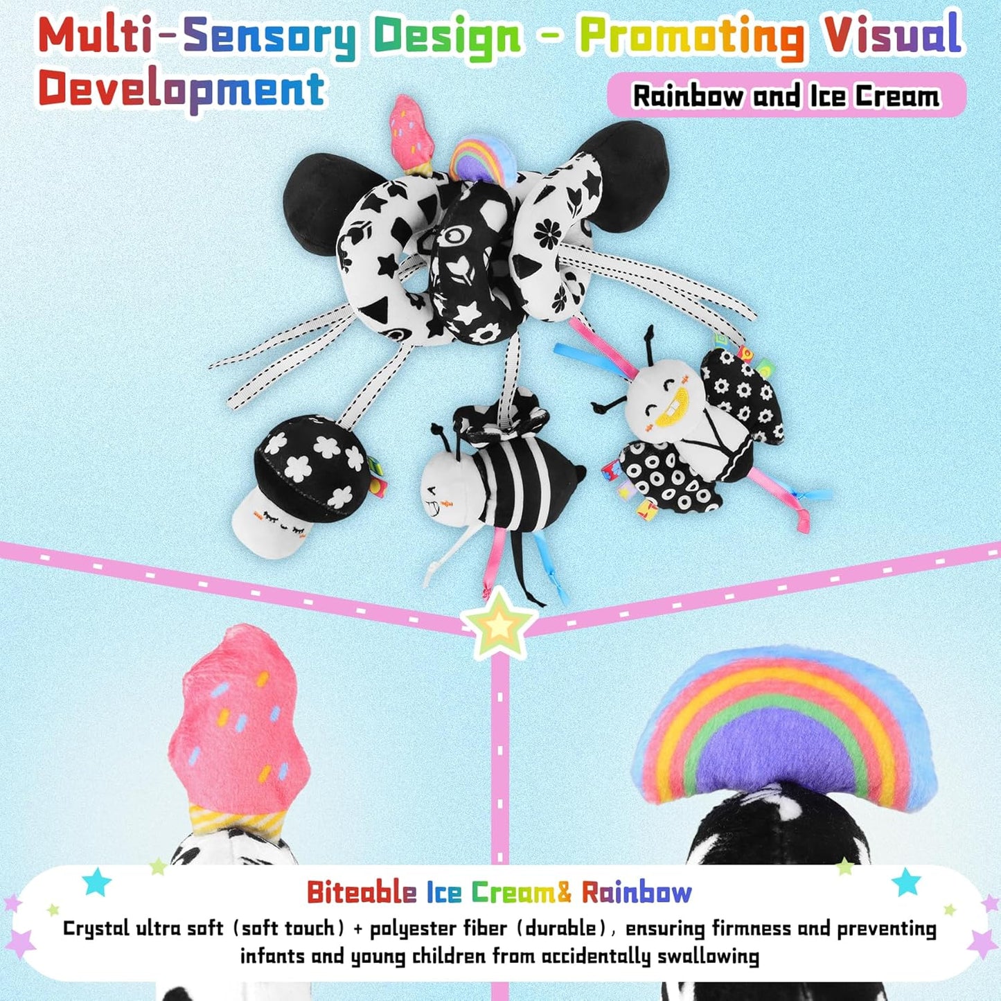 Skiennix Spiral Car Seat Toys - High Contrast Black & White Sensory Plush Toy for Babies 0-6 Months