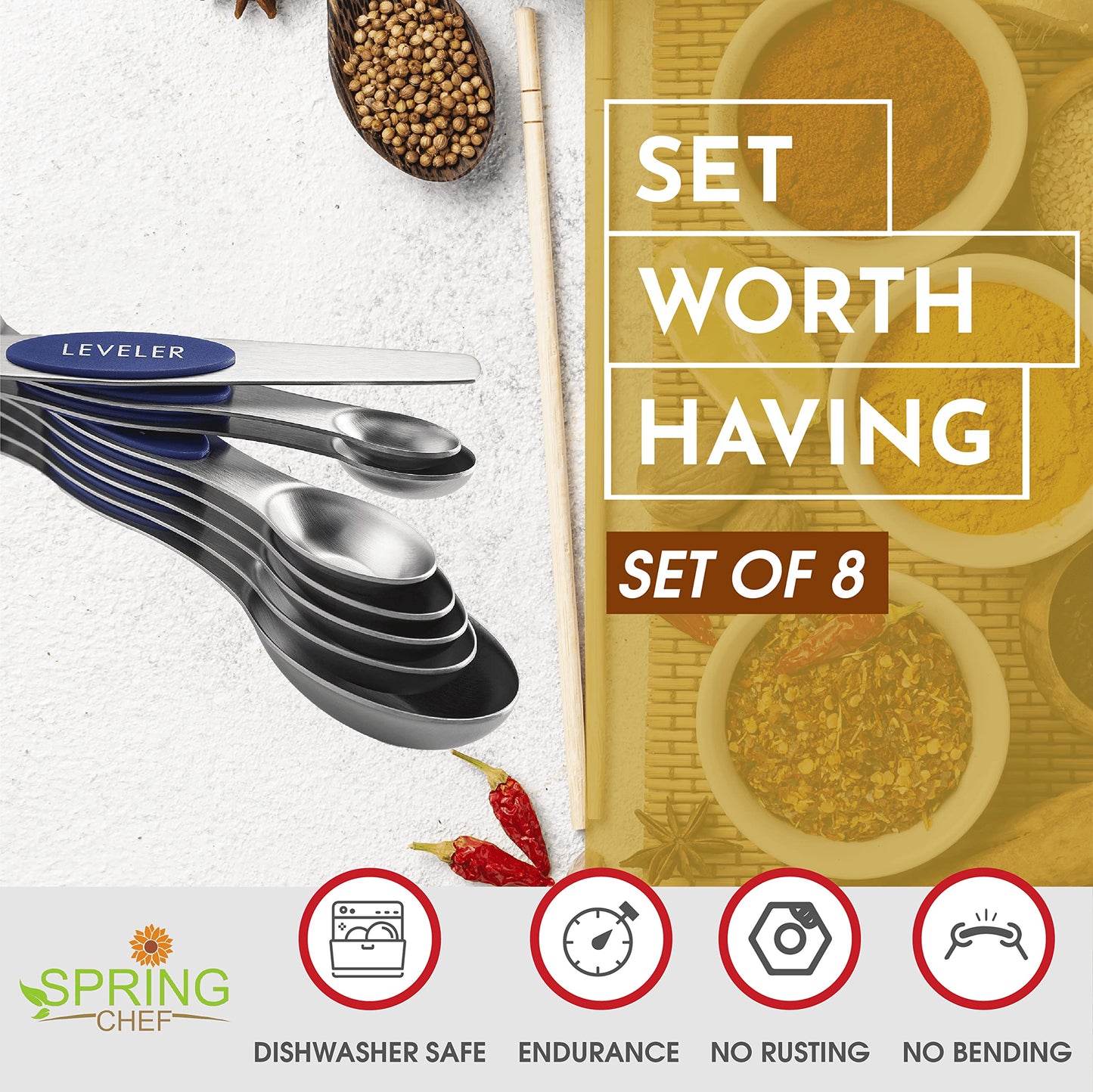 Spring Chef Magnetic Measuring Spoons Set, Dual Sided, Stainless Steel, Fits in Spice Jars, Sapphire, Set of 8, 2 Pack