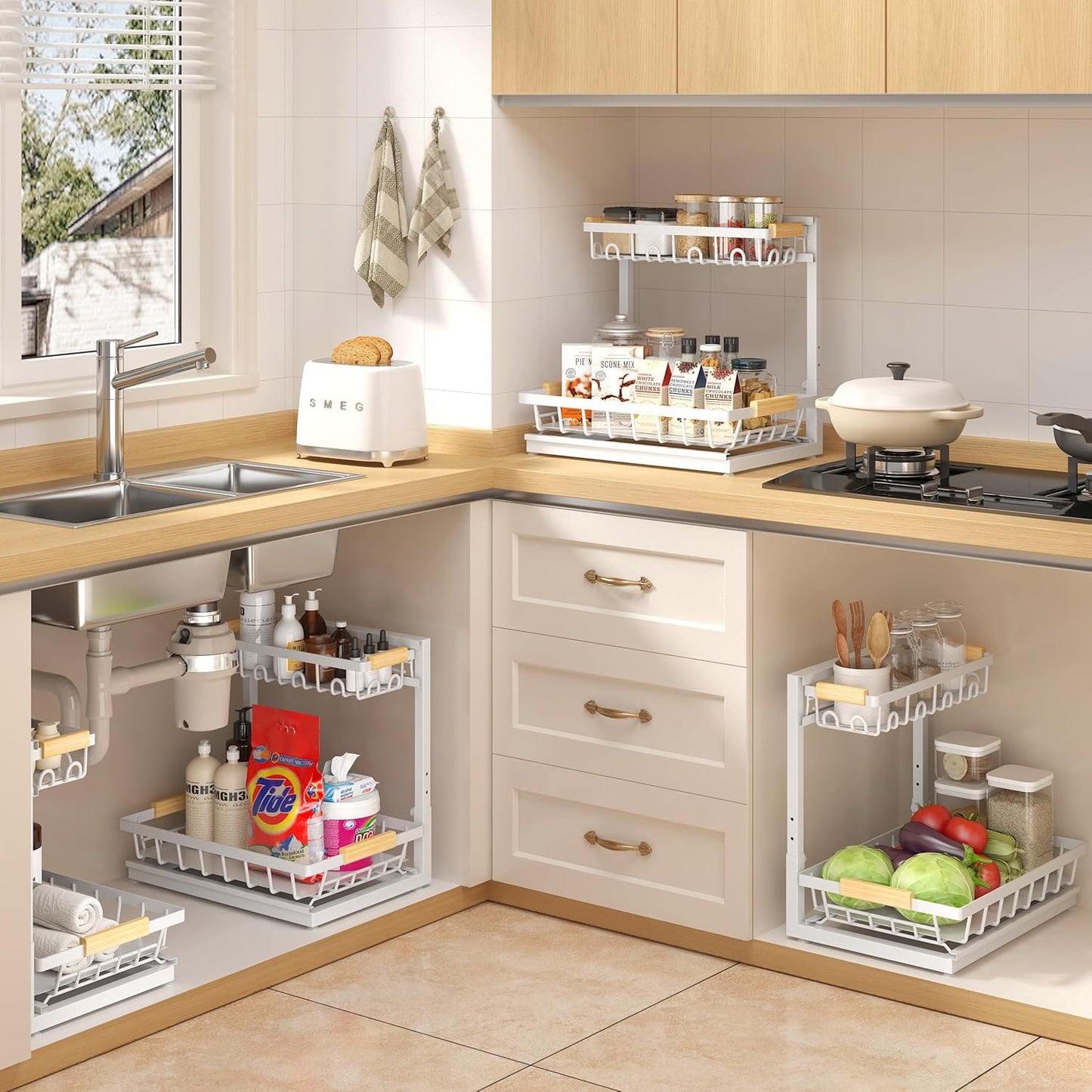Sevenblue Under Sink Organizer - Height Adjustable 3-Tier Storage Shelf for Kitchen & Bathroom (White, Large)