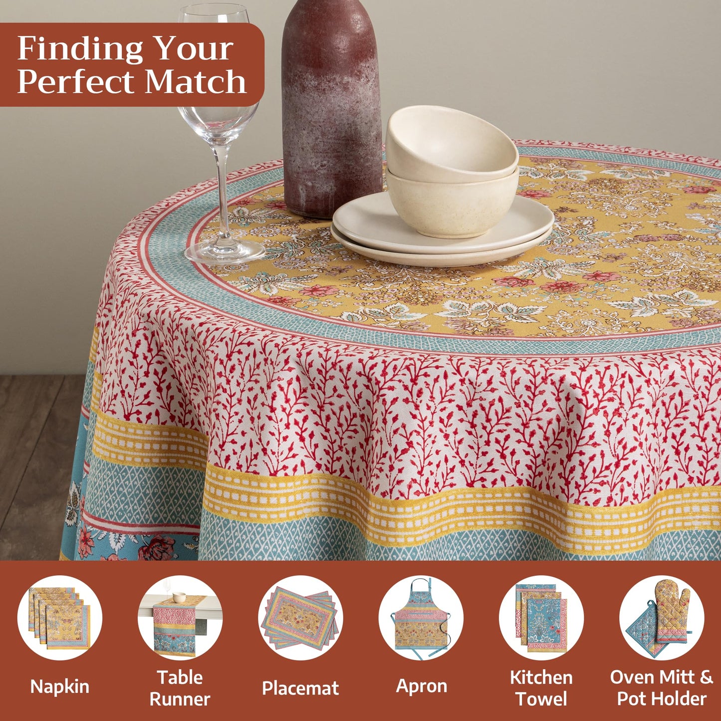 Maison d' Hermine Table Cloth Round Table 100% Cotton 63 Round Inches Tablecloth Reusable Decorative for Dining Kitchen Room Farmhouse Home Gifts for Mothers Day Spring Summer - Marquise