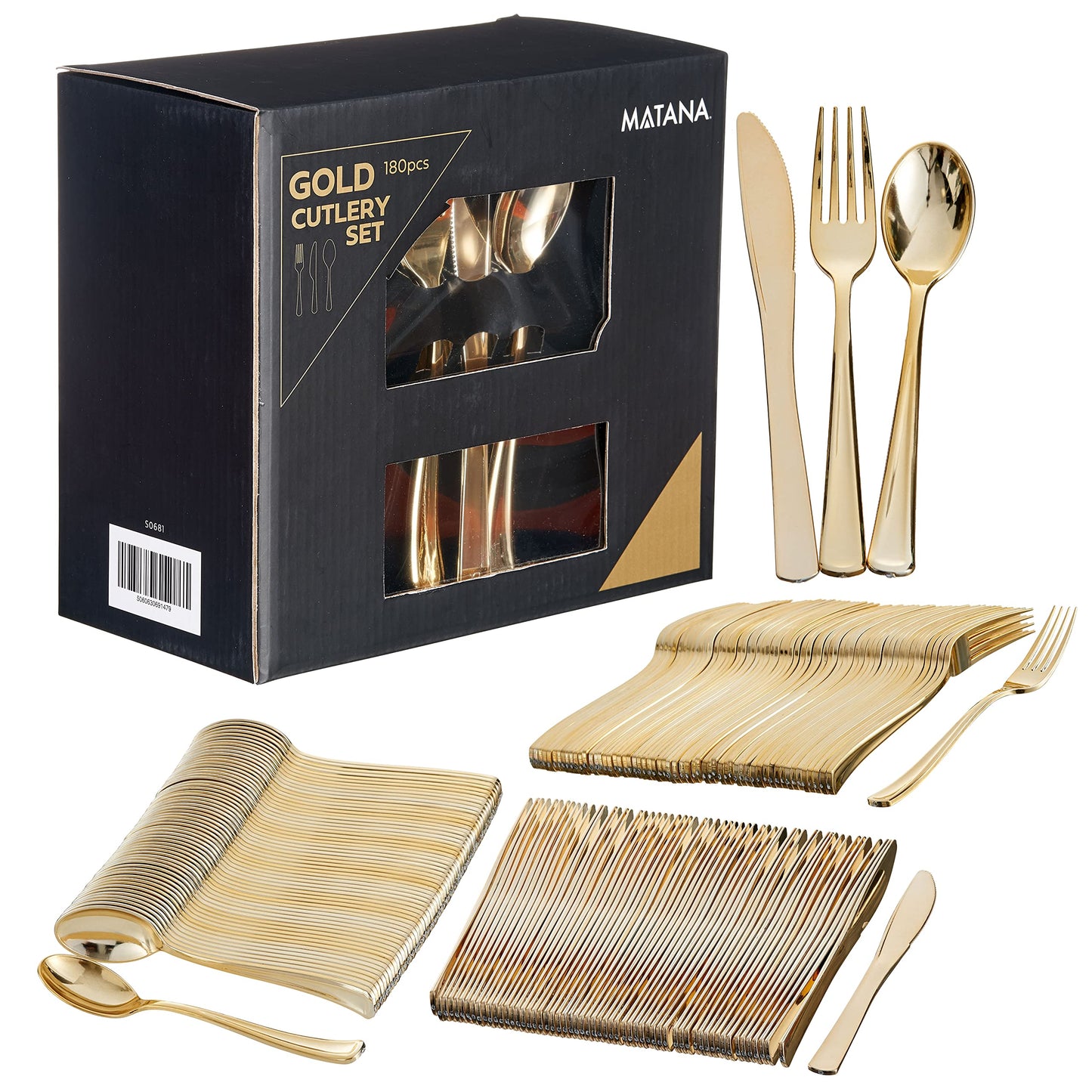 MATANA - 180 Gold Plastic Silverware Set (60 Knives 60 Forks 60 Spoons) Bulk Reusable Gold Plastic Cutlery Utensils for Party, Wedding, Dinner, Heavy Duty