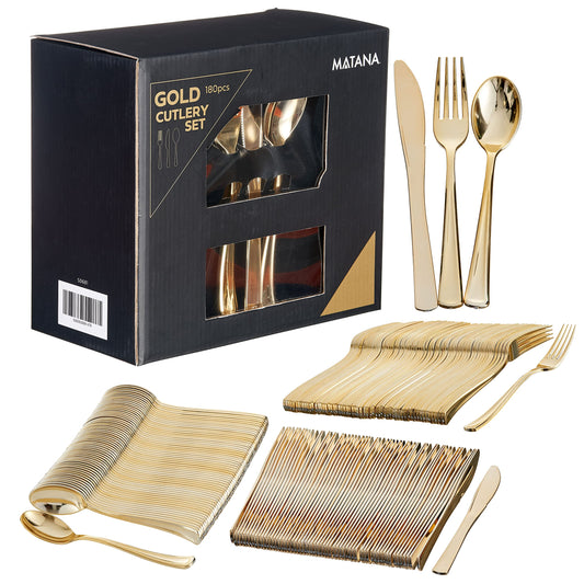 MATANA - 180 Gold Plastic Silverware Set (60 Knives 60 Forks 60 Spoons) Bulk Reusable Gold Plastic Cutlery Utensils for Party, Wedding, Dinner, Heavy Duty