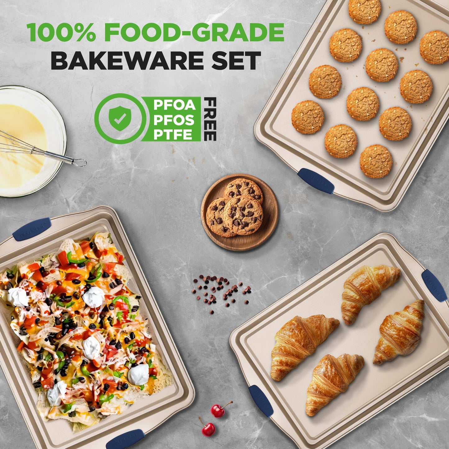 NutriChef 3‑Piece Non‑Toxic Cookie Sheets for Baking – Premium Carbon Steel Oven Tray Set with Blue Silicone Handles – Nonstick Baking Sheet Set for Cookies, Pastries & Oven‑Safe Cooking